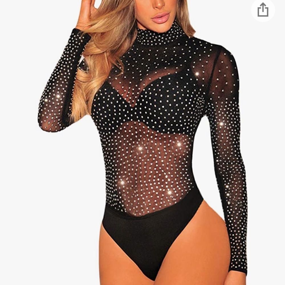 Sheer Mesh Turtleneck See Through Leotard Bodysuit Long Sleeve Stretchy Sexy NWT